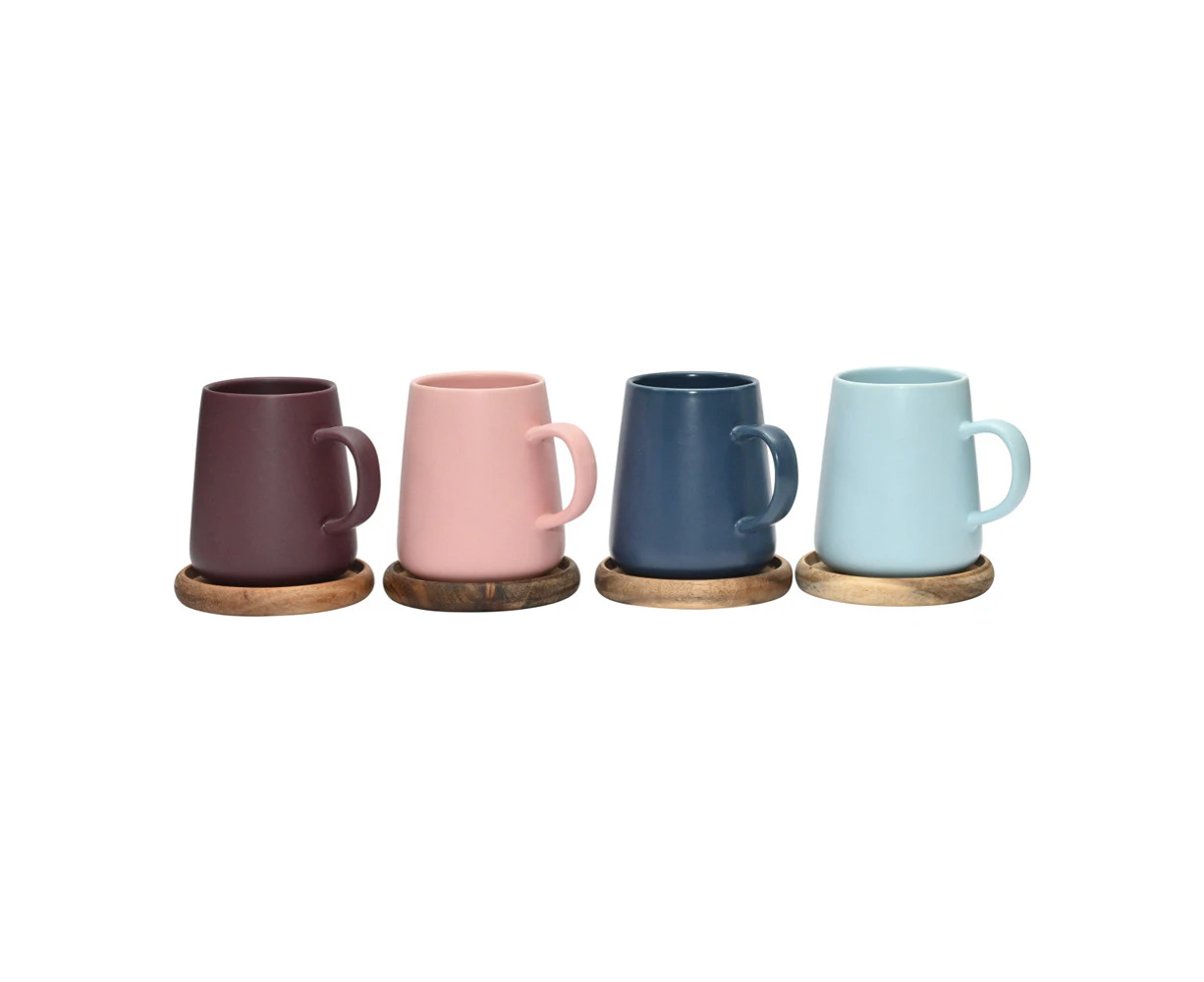 4pc Coffee Culture Matte Ceramic Tea/Coffee Mug Set With Wood Coasters Colourful