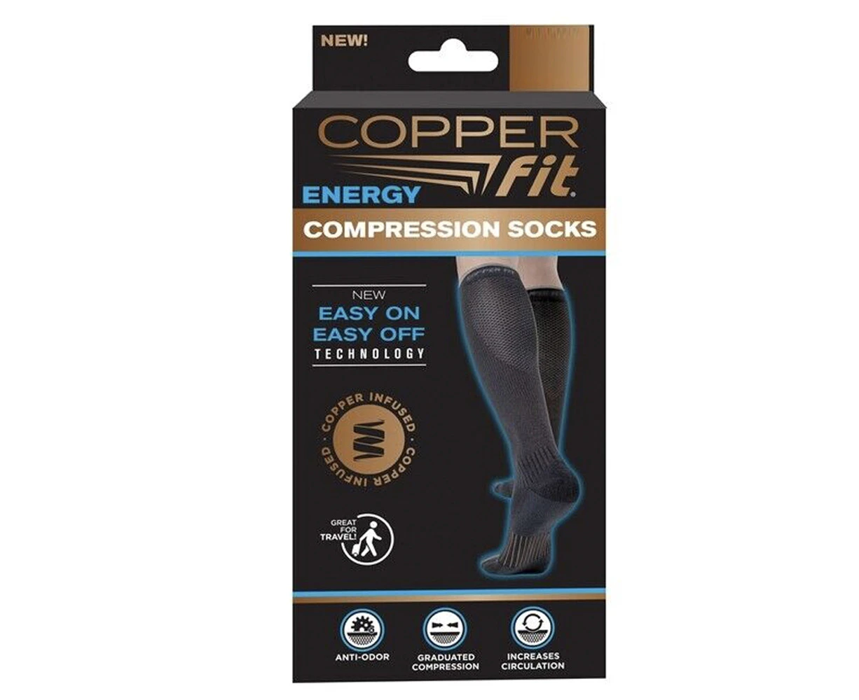 Copper Fit Easy On/Off Energy Travel Compression Socks S/M Unisex Nylon Black