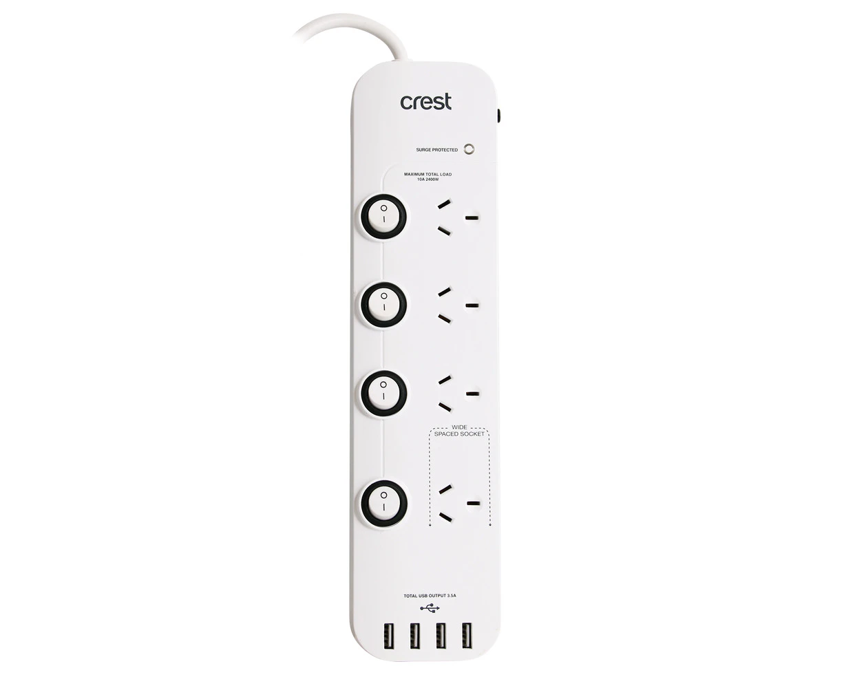 Crest 4-Socket 1.2m Power Board Surge Protected Outlets w/ 4x USB Ports White