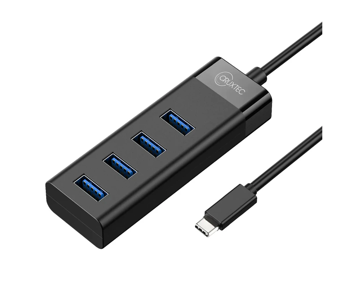 Cruxtec CU3-H4-BK 4 Port High Speed USB-C 3.0 Hub 5V Flexible 15cm Cable Black