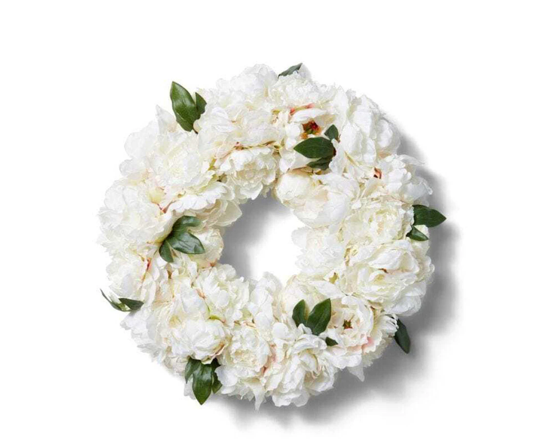 E Style Peony Angelica 51cm Plastic Wreath Round Floral Home Decor White