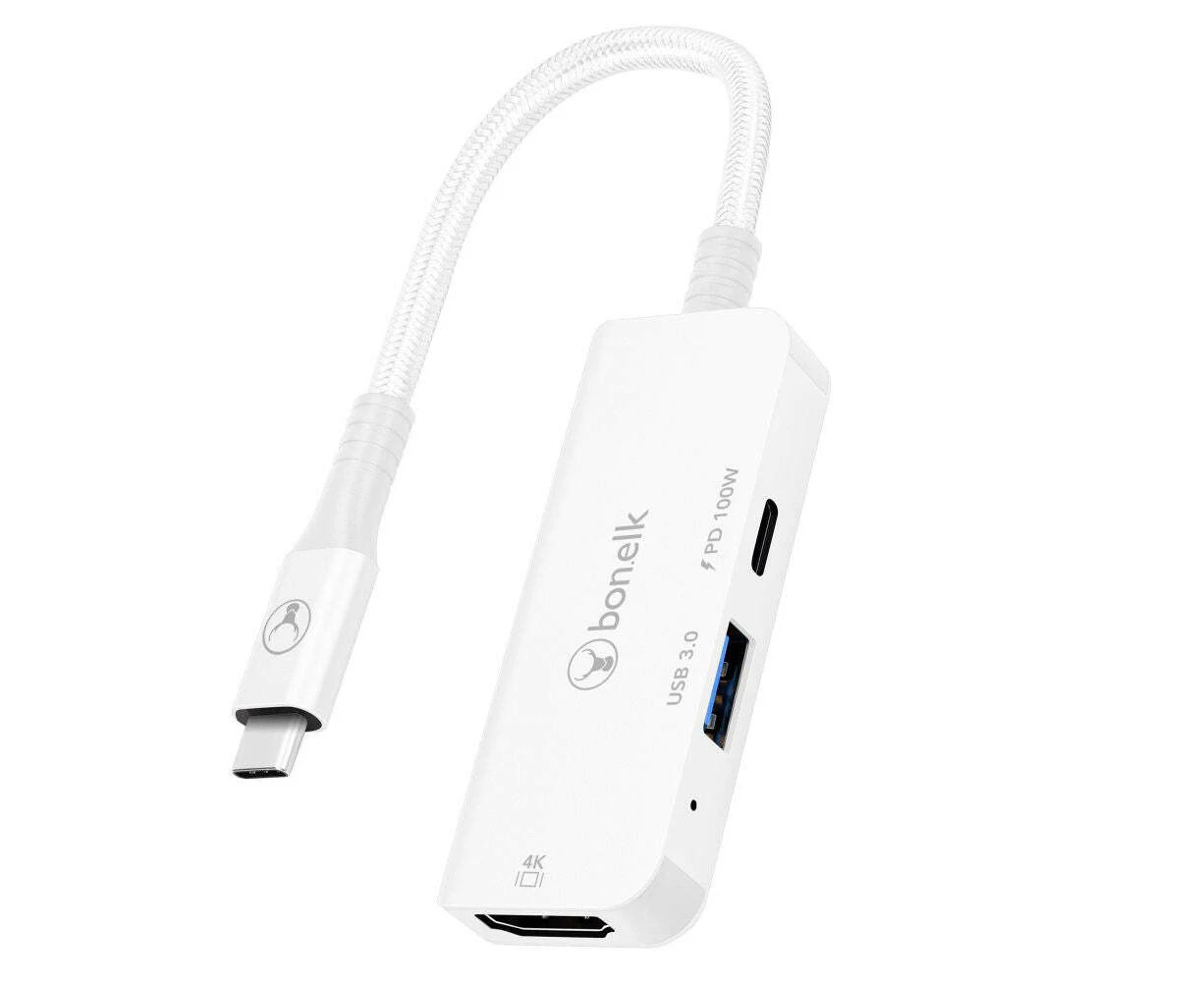 Bonelk Long-Life 3in1 USB-C M to F HDMI/USB MultiPort Hub For PC/Laptop White