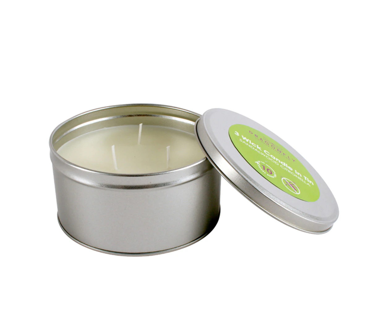 Dragonfly 3-Wick Sandalwood Citronella 14cm Wax Candle in Tin Home Fragrance