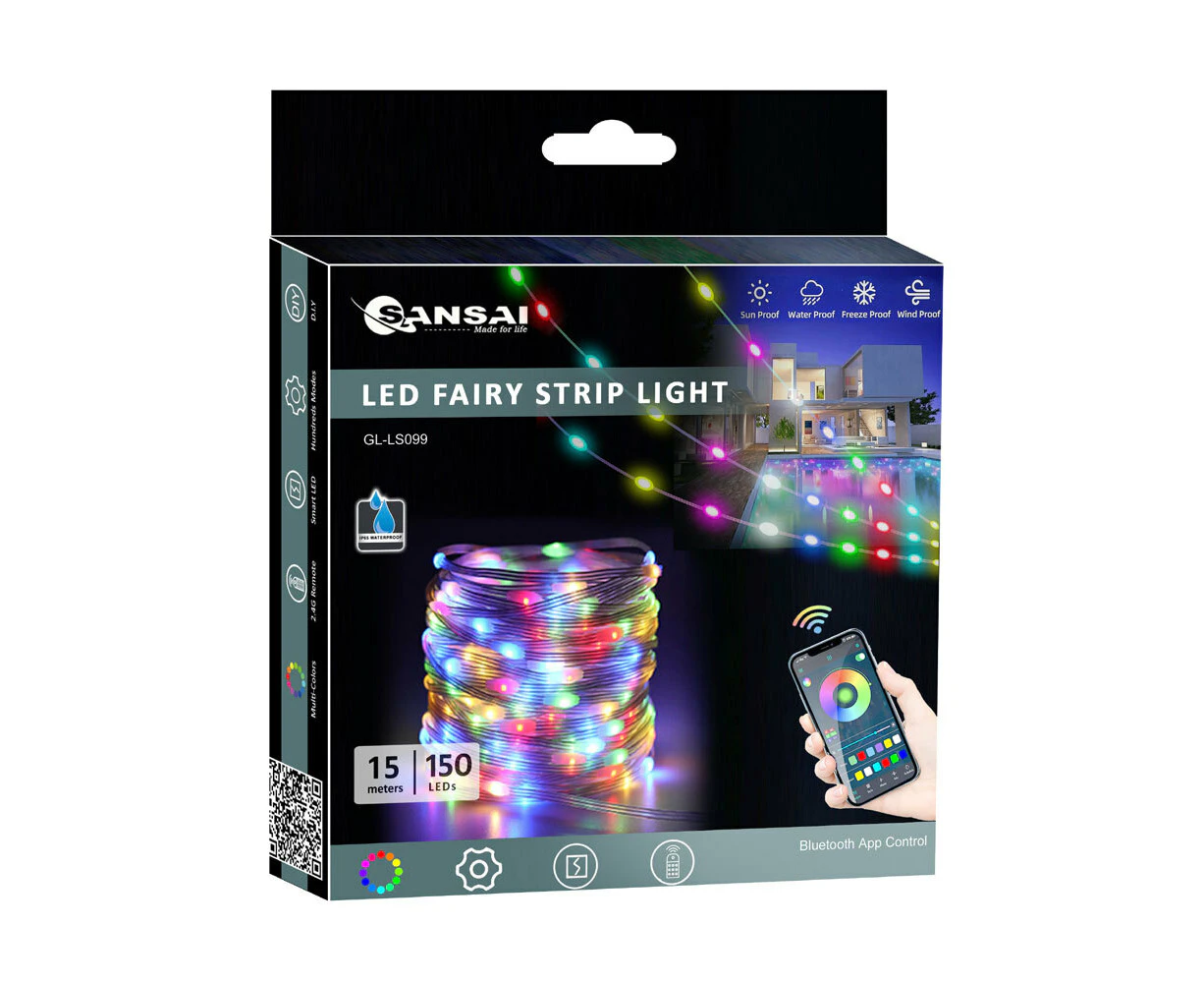 Sansai 15m RGB LED Bluetooth App Control Fairy Strip Party Lights IP65 w/Remote