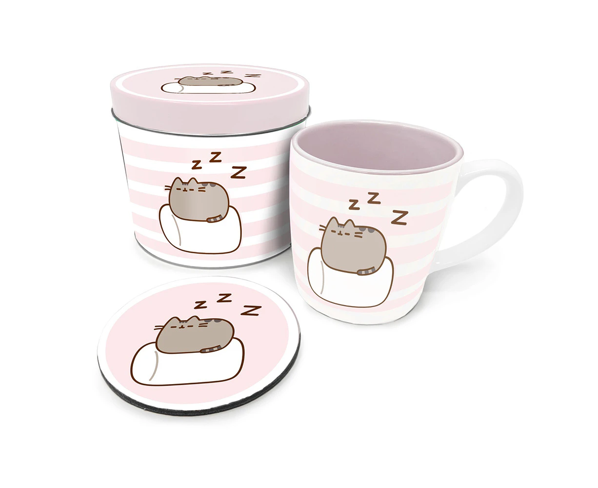 Pusheen Marshmallow Cartoon Cats Themed Mug/Coaster Tin Gift Set Pink