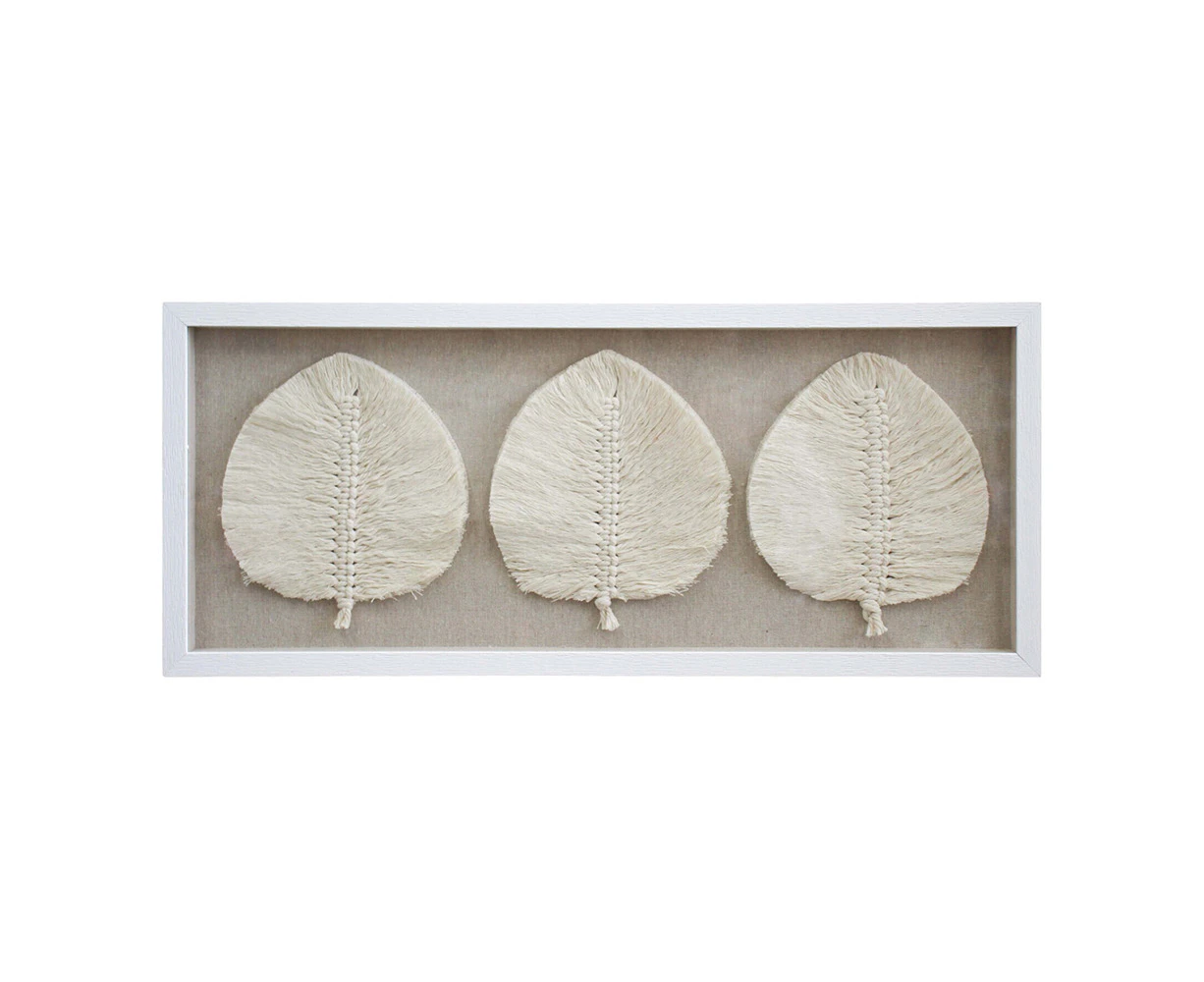 Framed Rectangular 30x70cm Boho Leaf Wall Hanging Display Home Room Decor White