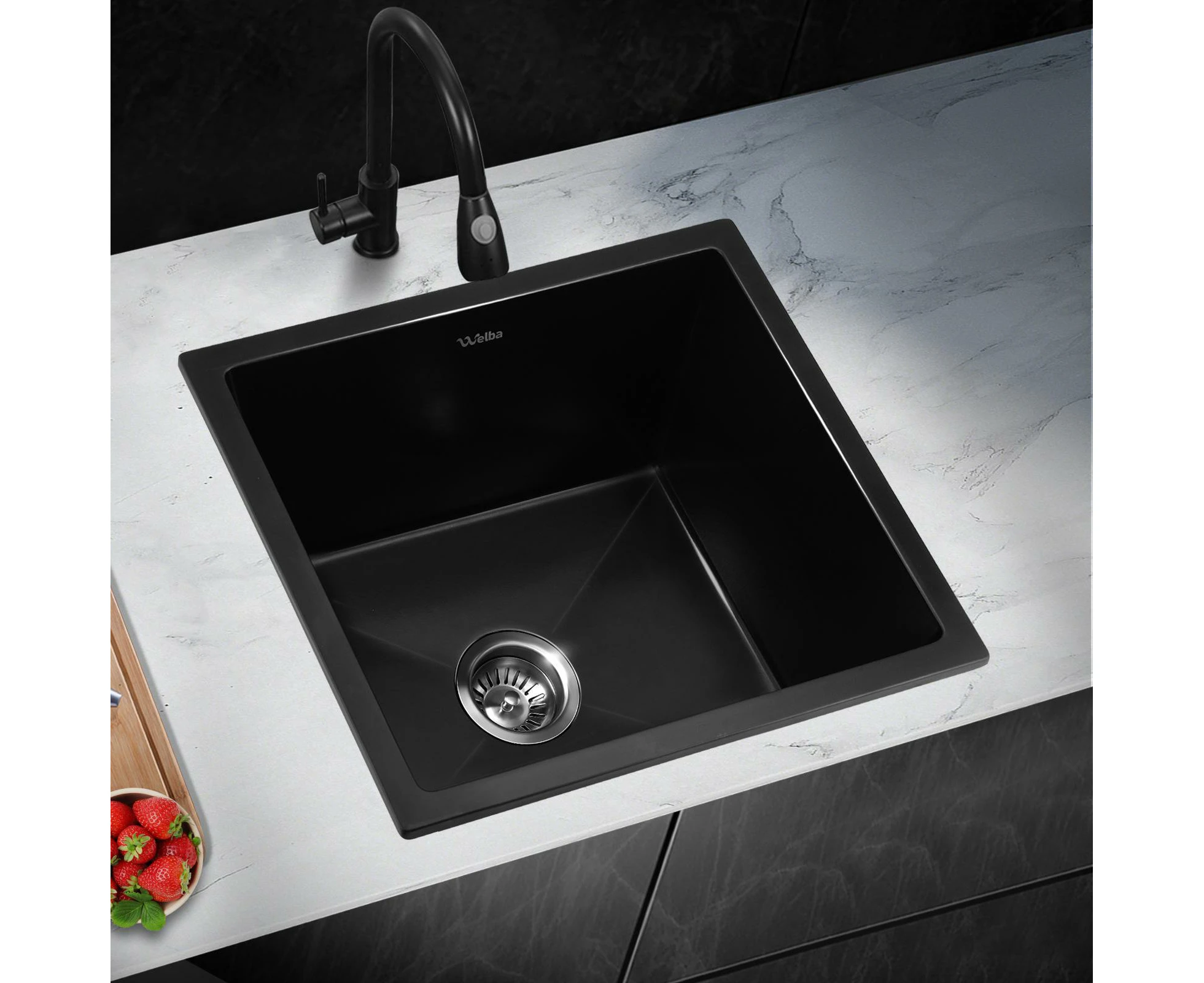 Welba Kitchen Sink 38x38cm Granite Stone Sink Laundry Basin Single Bowl Black