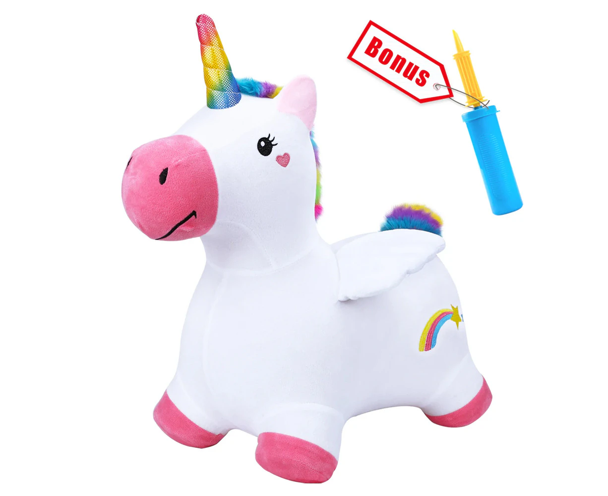 Bouncy Pals Inflatable Ride-On Plush Unicorn w/ Pump Toddler Riding Toy 18m+