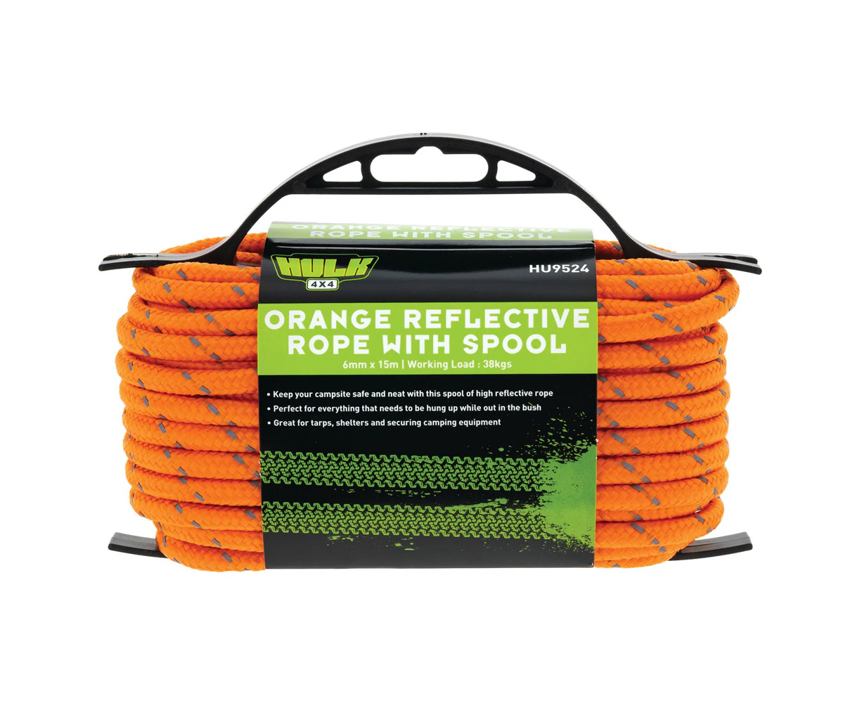 Hulk 4x4 Durable 15m Spooled Hi-Vis Reflective Rope For Tarps/Shelters Orange