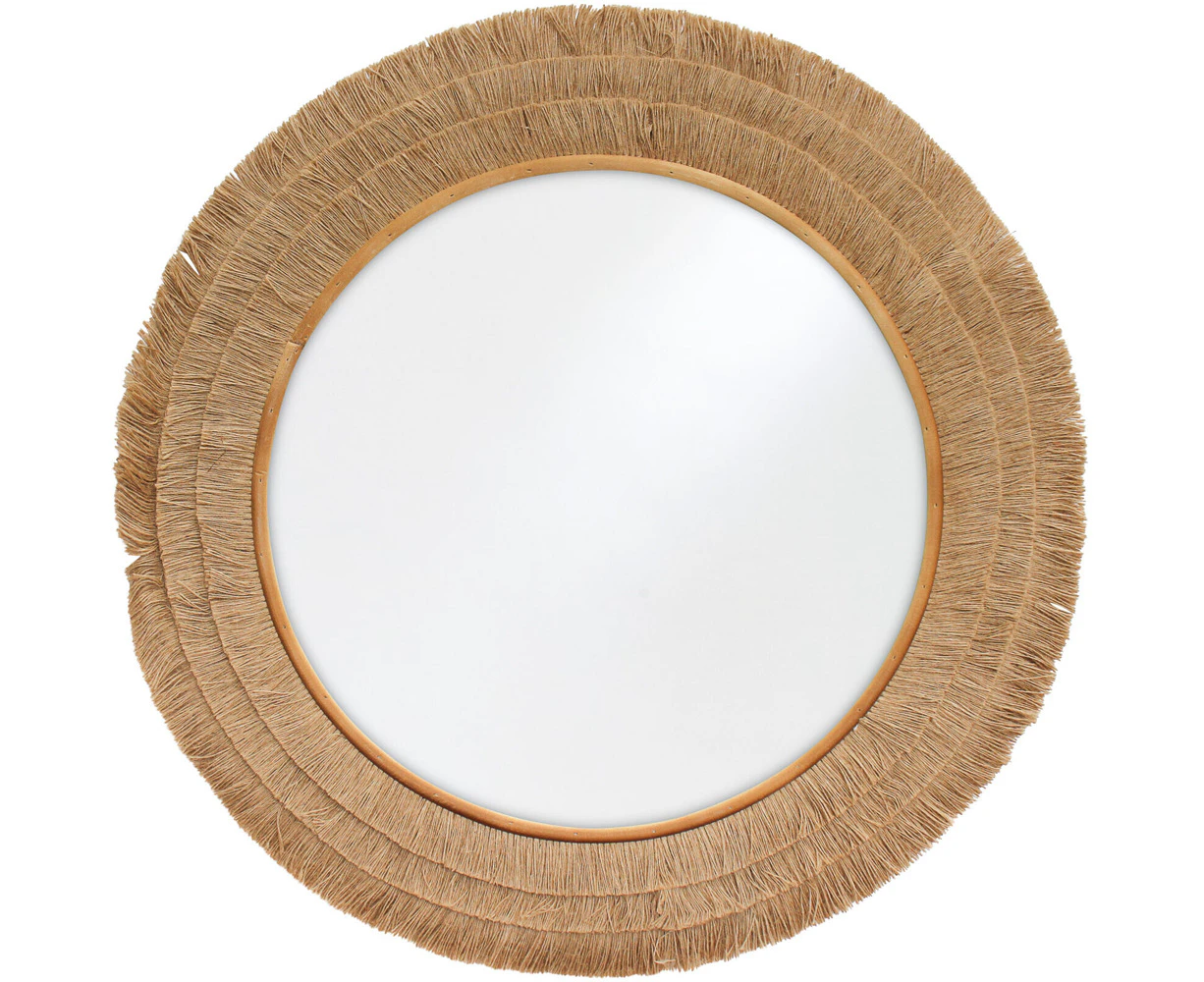 LVD Fringing Boho Linen/MDF/Glass 65cm Mirror Wall Hanging Round Brown