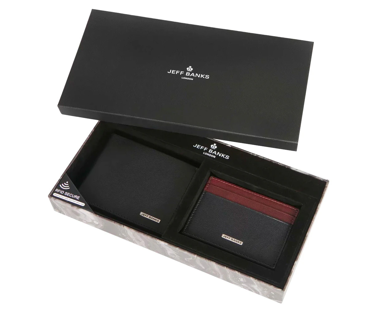 Jeff Banks Men's Wallet & Card Case w/RFID Protection Giftbox Black Set