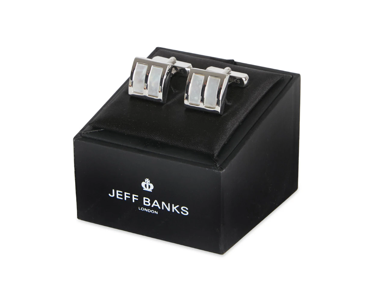 Jeff Banks Men's Formal Cufflinks Rectangular Engraved Smooth Silver Finish