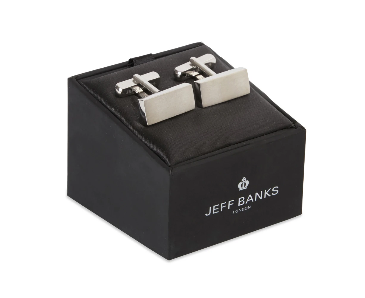 Jeff Banks Men's Formal Cufflinks Rectangular Engraved Smooth Silver Finish