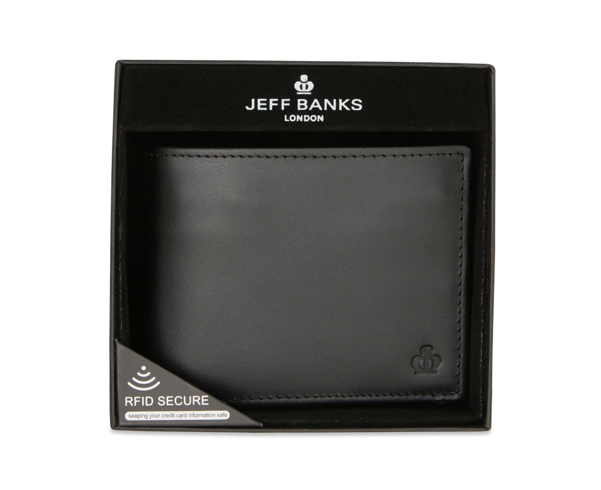 Jeff Banks Men's Coin Purse Card/Cash Genuine Leather Wallet Smooth Black 11.5cm