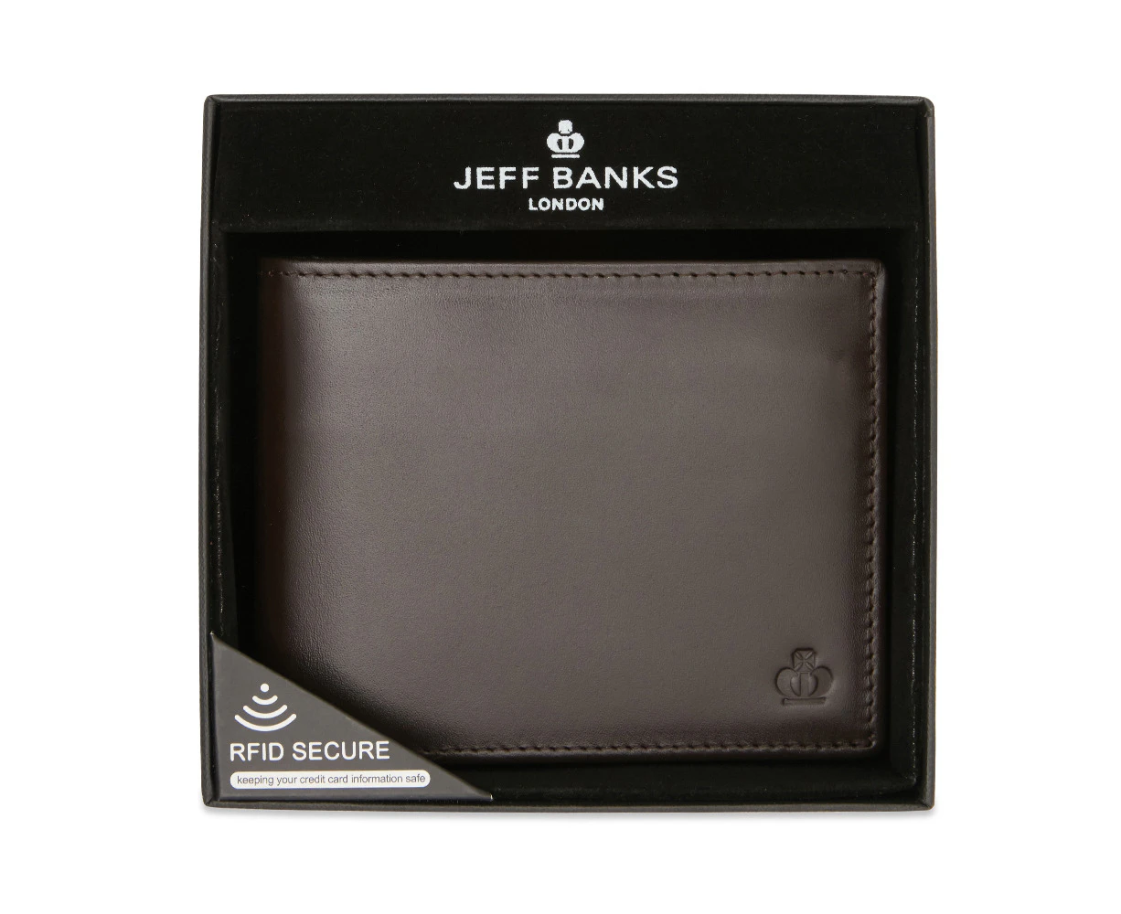 Jeff Banks Men's Coin Purse Card/Cash Genuine Leather Wallet Smooth Brown 11.5cm