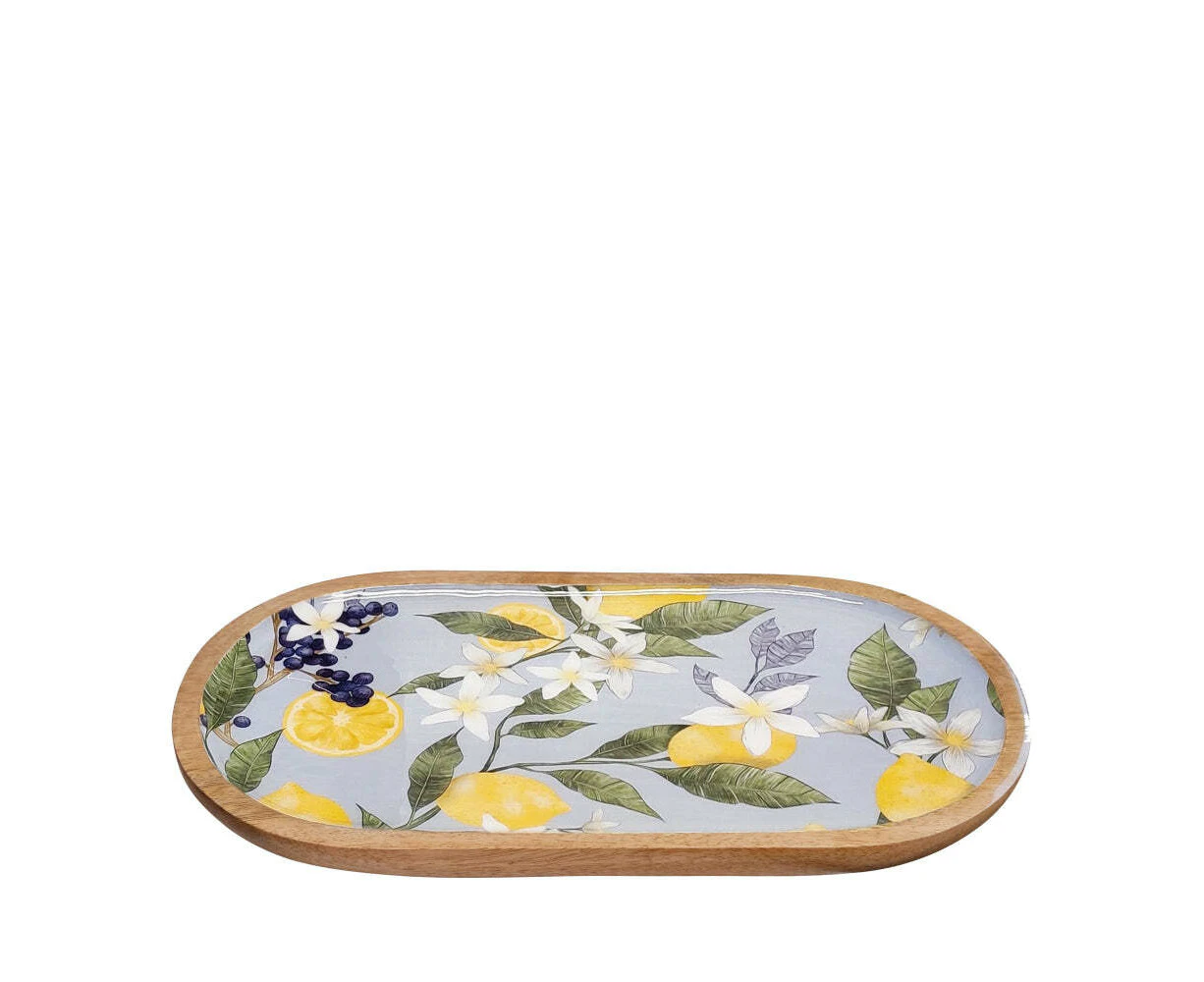 J.Elliot Home Lemon Oval 36cm Serving Tray Platter Board Mango Wood/Enamel Sky