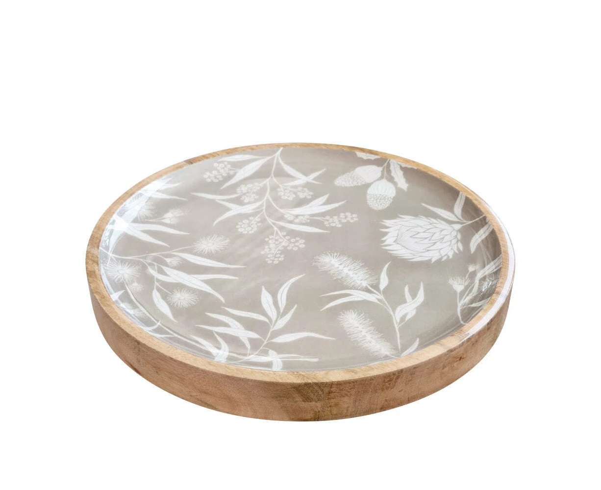 J.Elliot Home Bindi 38x4cm Round Serving Tray Plate Mango Wood/Enamel Grey Beige