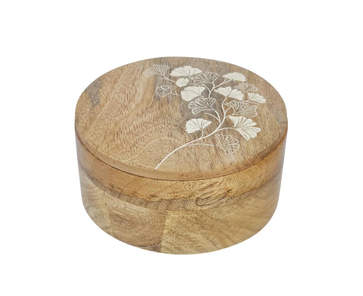 J.Elliot Home Ginkgo 15cm Round Mango Wood Trinket Box Storage Decor Natural