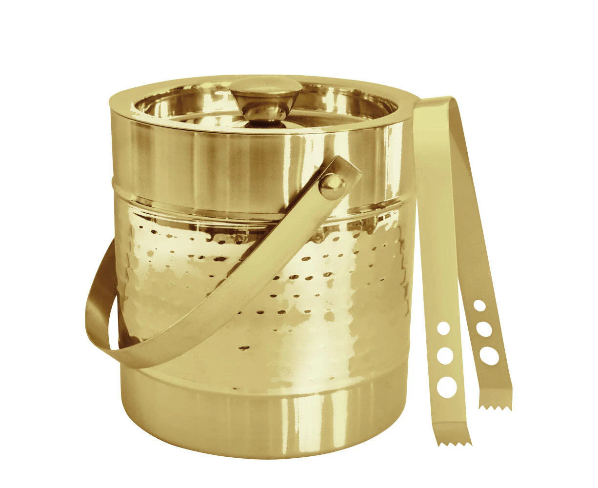 J.Elliot Home Alfie 15cm Ice Bucket Holder w/Tongs Stainless Steel Hammered Gold