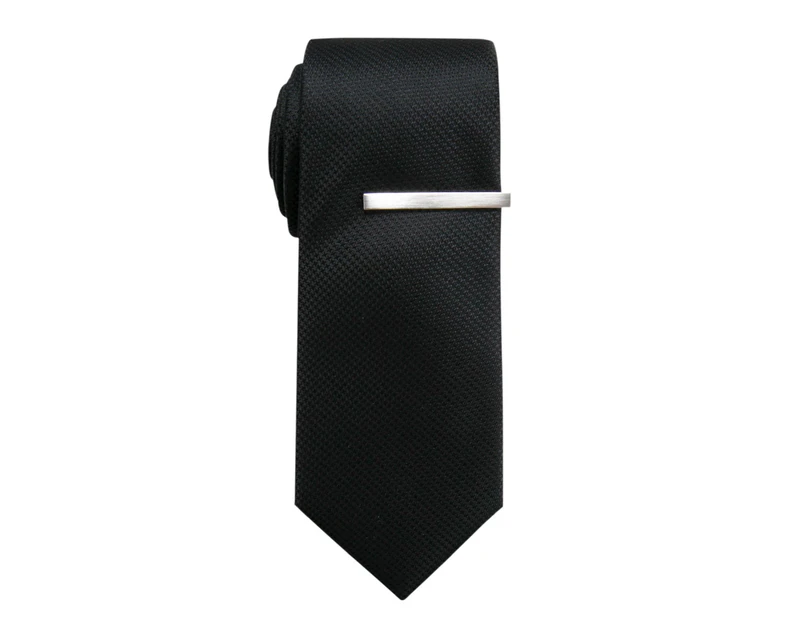 2pc Jeff Banks Men's Stylish Modern Formal Tie & Tie Bar/Clasp Set Plain Black