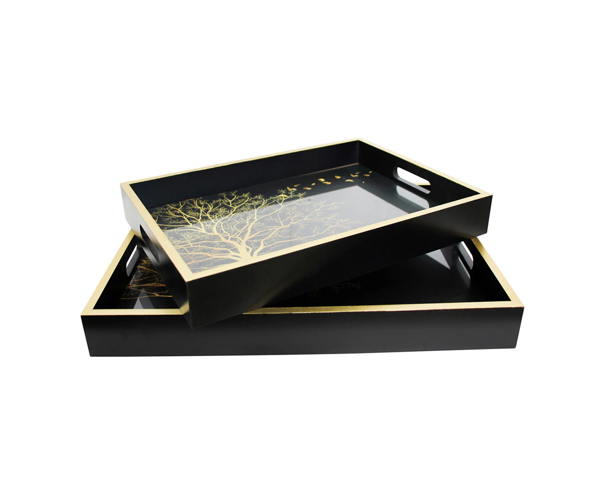 2pc MDF/Glass 40/35cm Tree Food Serving Tray Storage w/ Handles Rectangle Black