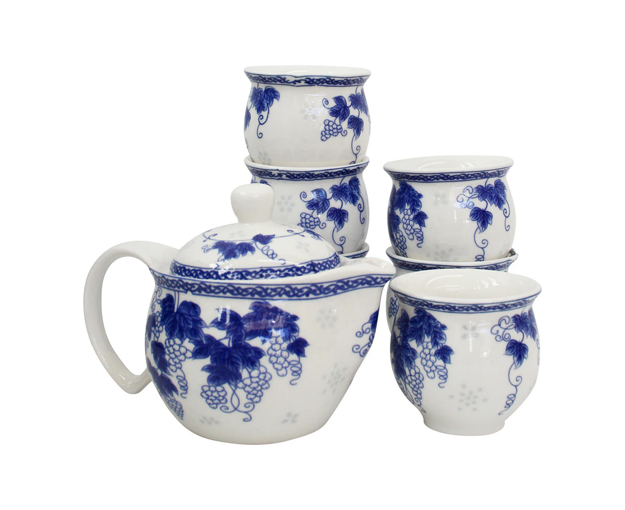 7pc Grape Vine Ceramic 16cm Teapot/7cm Cup Tea Set Drinking Mug Tableware Blue