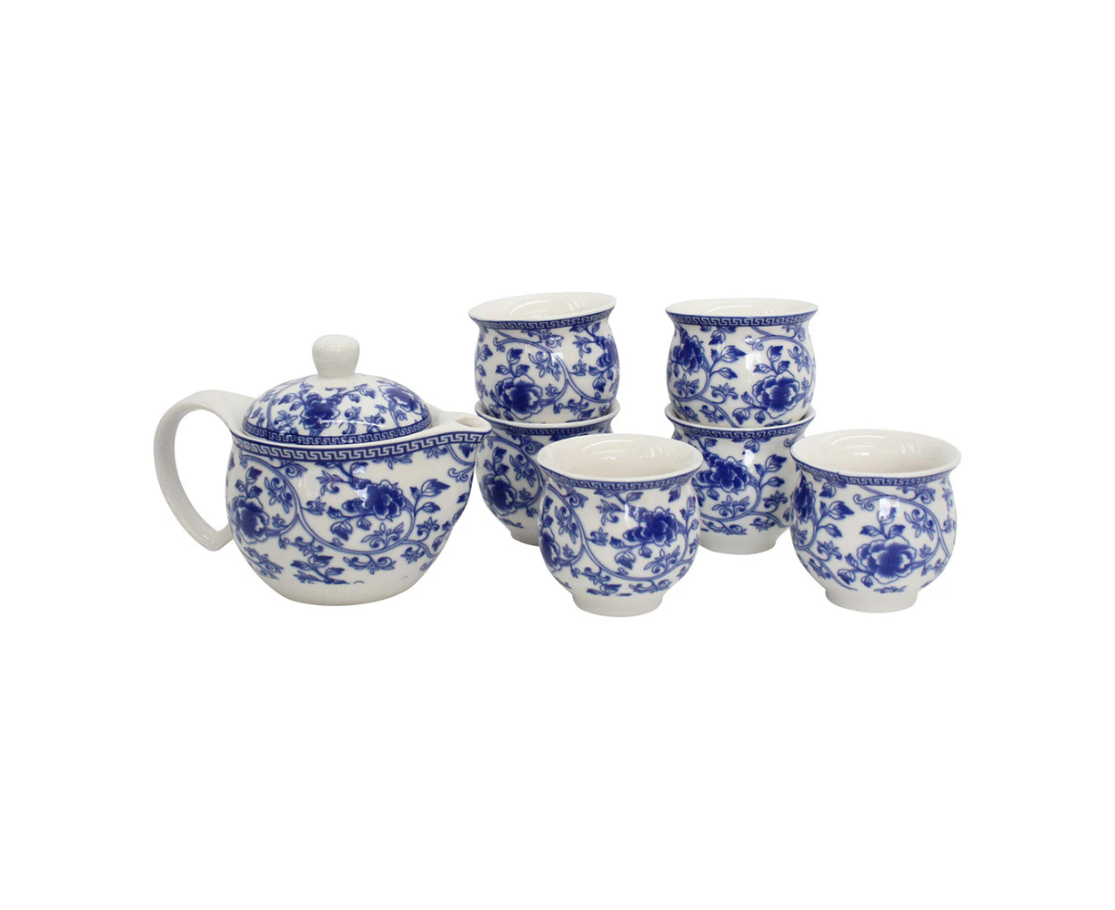 7pc Floral Ceramic 16cm Teapot/7cm Cup Hot Tea Set Drinking Mug Tableware Blue