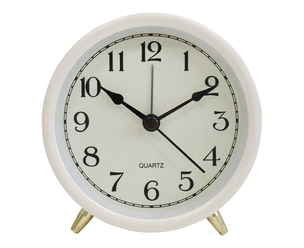 Round Metal Glass Raye 10.5cm Alarm Clock Bedside Analogue Home Desk Decor Ivory