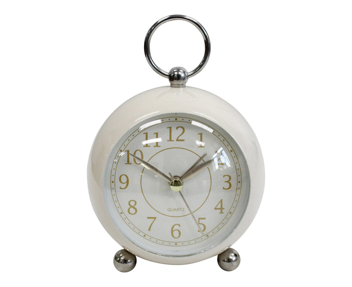 Round Metal Glass Petite 13cm Alarm Clock Bedside Analogue Home Desk Decor Ivory