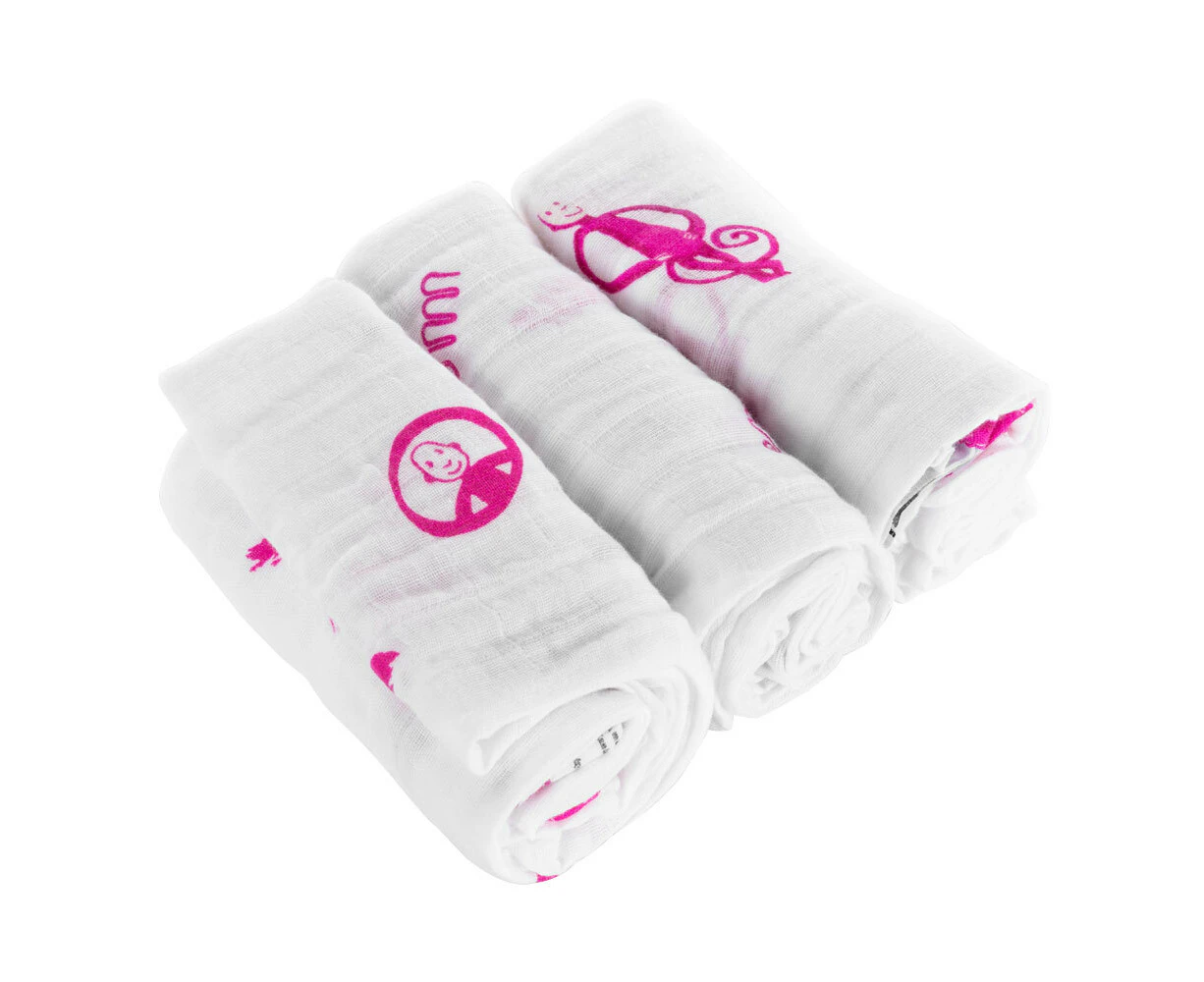 3PK Matchstick Monkey 70cm Organic Cotton Muslin Baby/Infant Child Blanket Pink