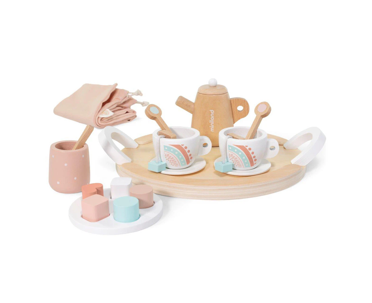 19pc Miniland Doll Kids/Children Fun Wooden Tea Set Pretend Toy w/ Carry Bag 3y+