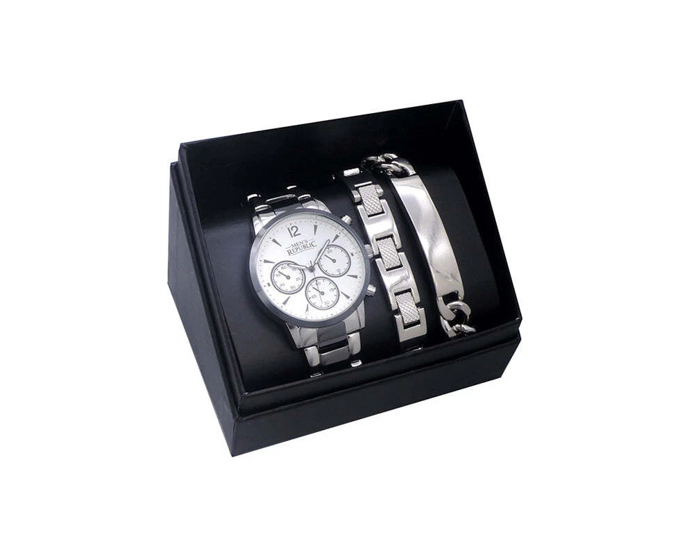 Men's Republic Sleek Stylish Watch With 2 Bracelets Chrome/Black Gift Box Set