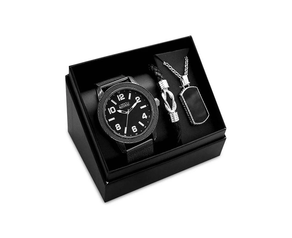 Men's Republic Casual Stylish Dog Tag And Leather Bracelet Watch Gift Box Set