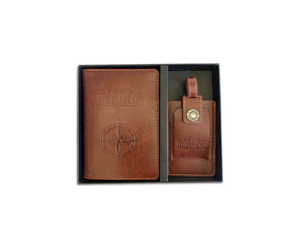 2pc Men's Republic Portable Travel Wallet & Luggage Tag Faux Leather Gift Set