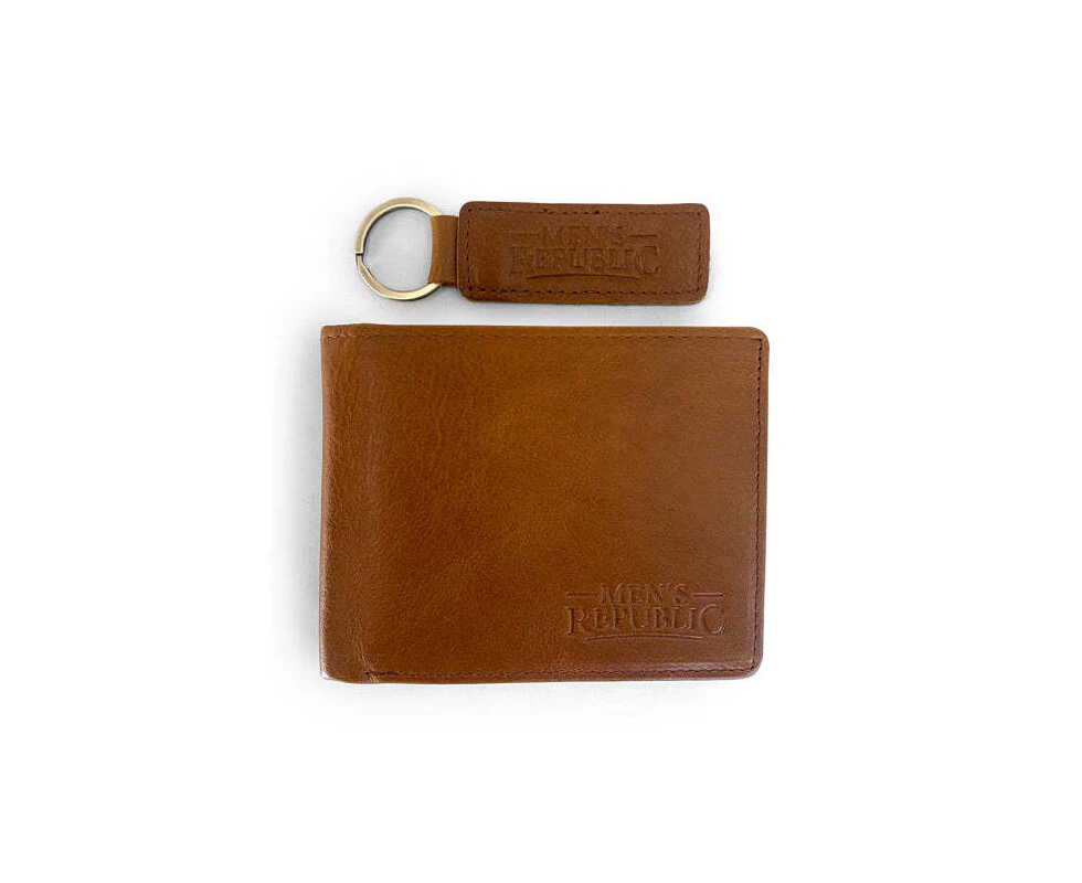 Men's Republic Sleek Leather Wallet And Keyring On The Go Portable Set Brown