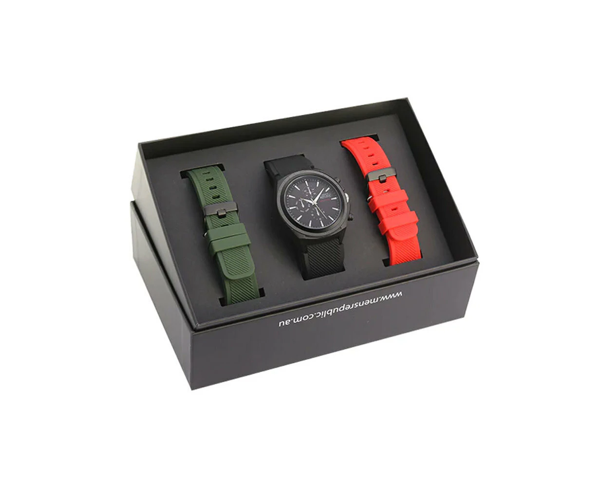 Men's Republic Watch Set w/ Versatile Replaceable Red/Green Bands - Gun Metal