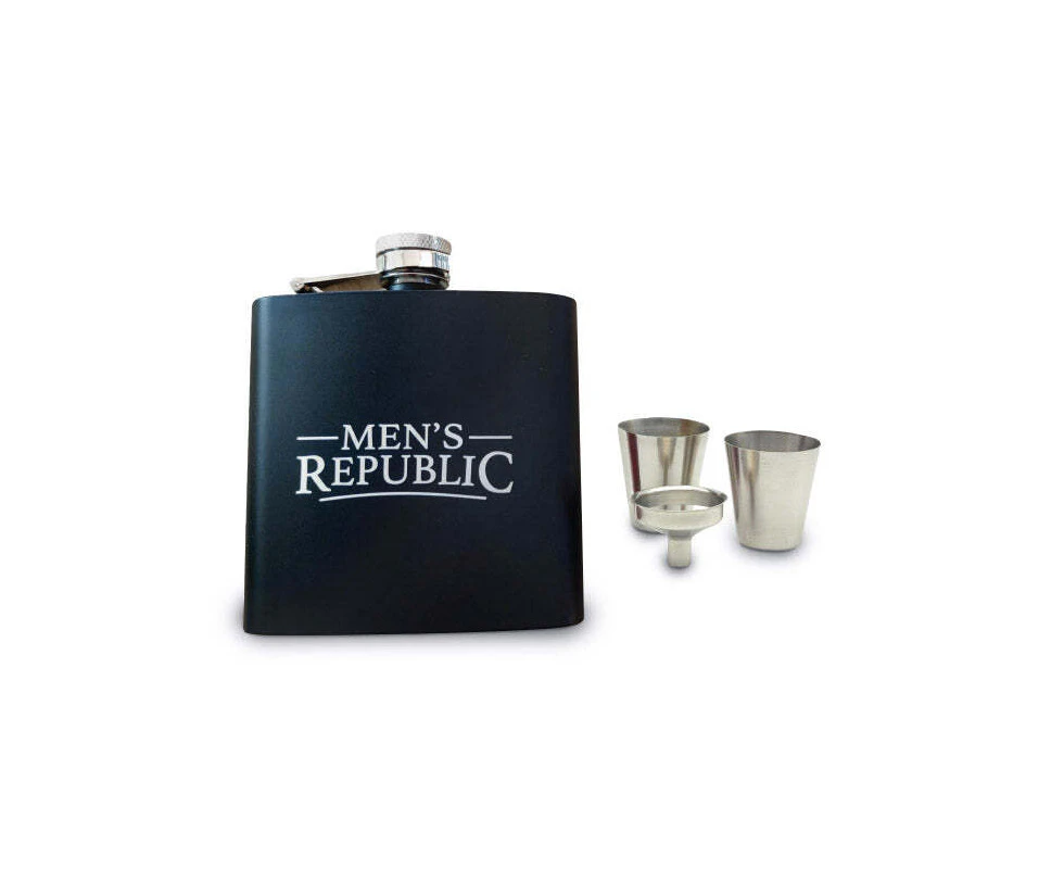 4pc Men's Republic Hip Flask Funnel and 2 Cups Drinking Set Silver & Black