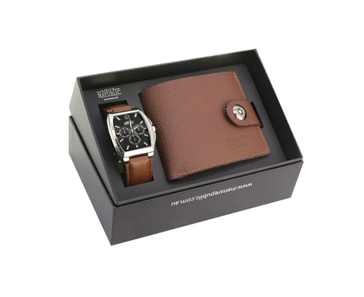 Men's Republic Luxurious Watch Gifting Set with Leather Wallet - Brown