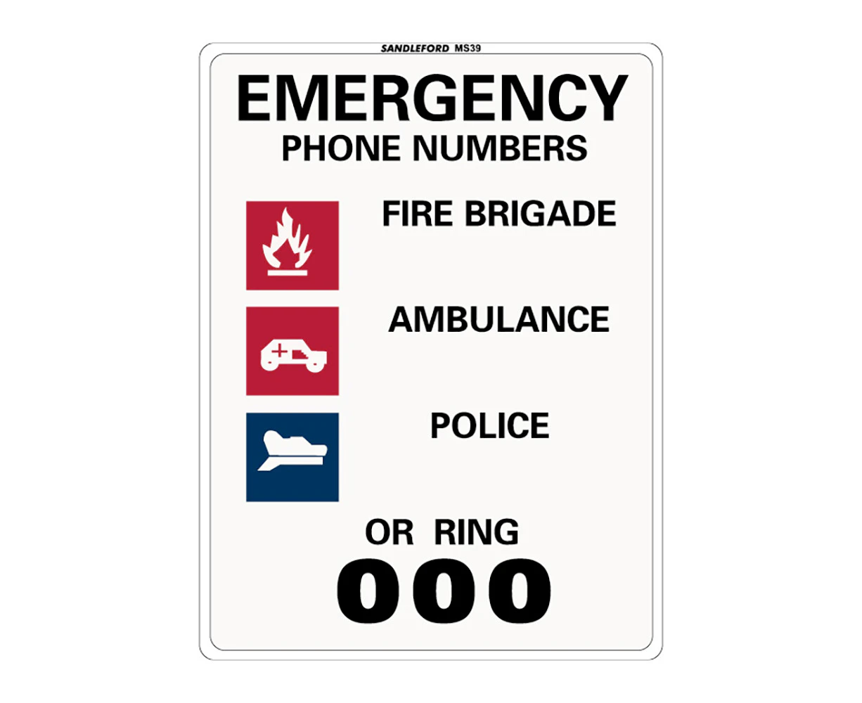 Emergency Phone Numbers 225x300mm Safety Sign Polypropylene Wall/Door Mountable