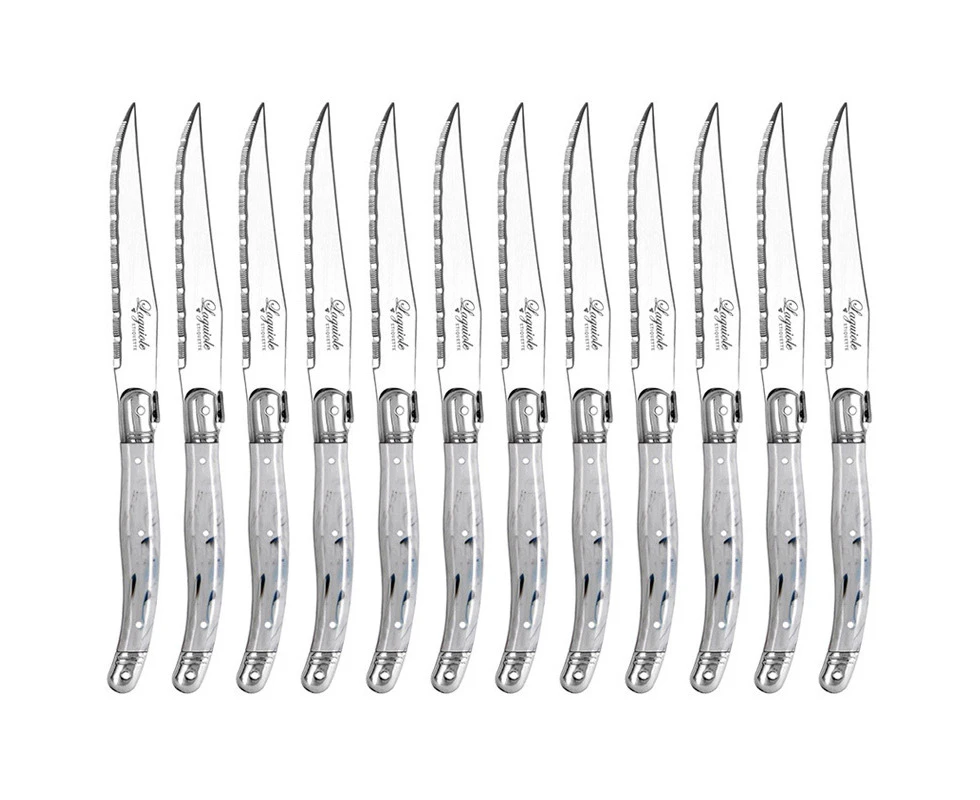 12pc Laguiole Etiquette 23.5cm Stainless Steel Steak Knife Cutlery Marble White