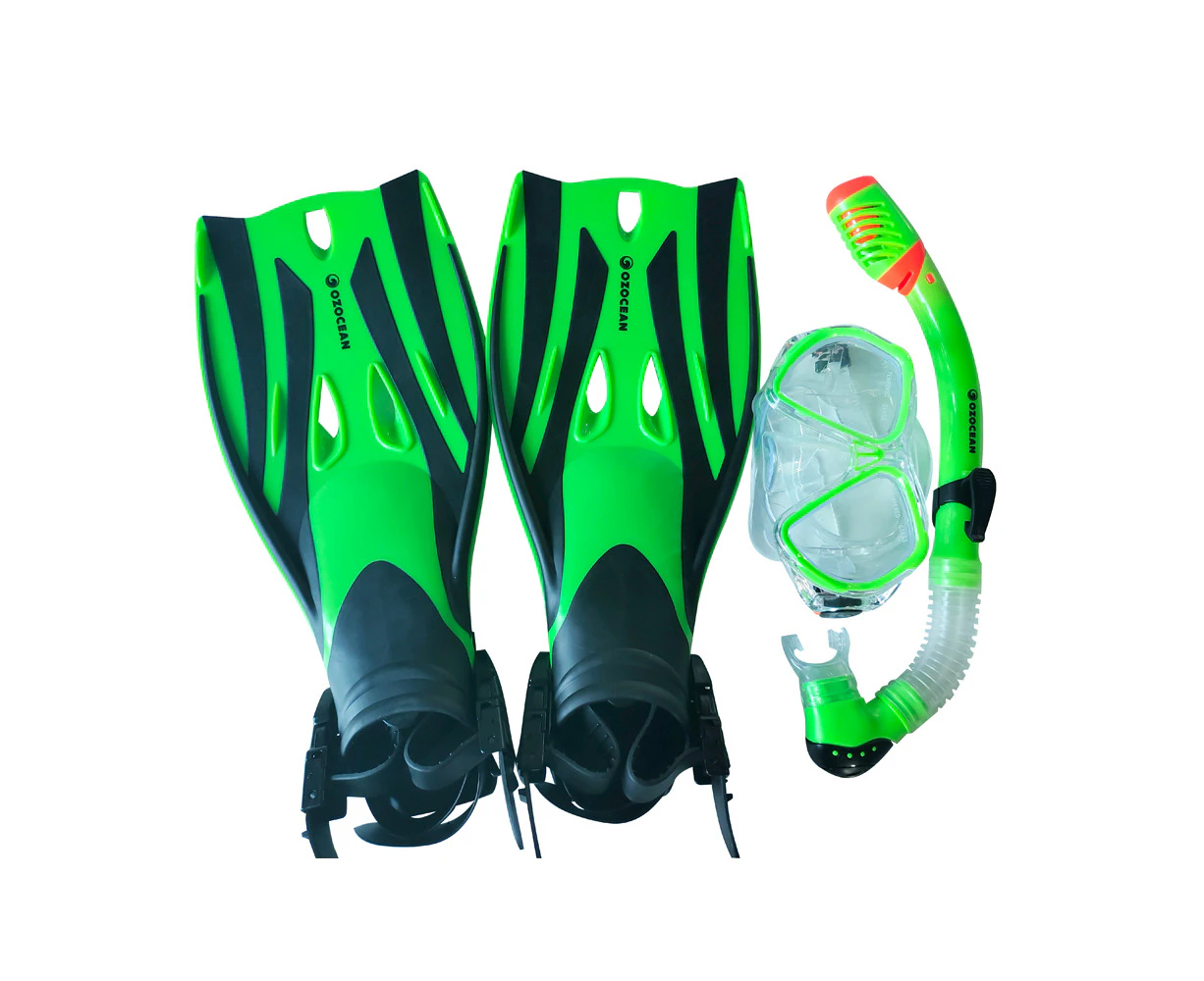 4pc Oz Ocean Tangal Ooma Kids Mask Swimming Beach Snorkel & Fin Set L-XL Green