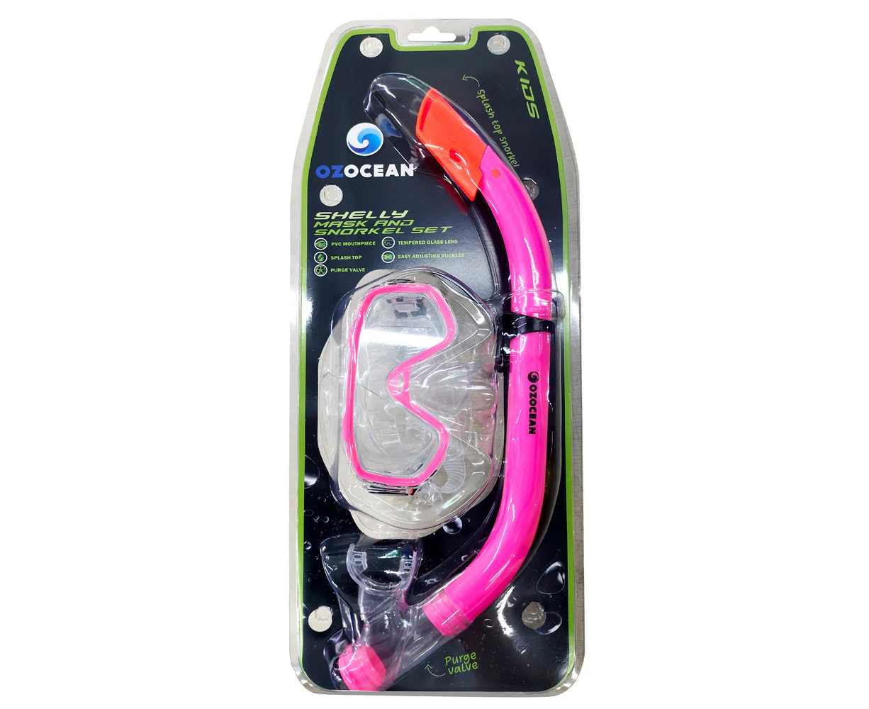 2pc Oz Ocean Shelly Kids Swimming Adjustable Goggles Mask & Snorkel Set Pink