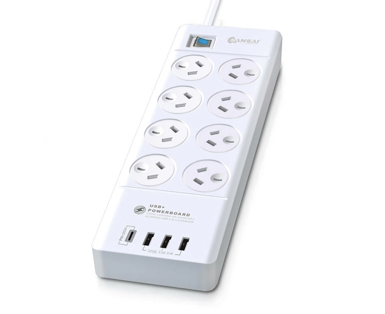 Sansai 8-Way Power Outlet  2400W Surge Protected Board Charger Ports USB-A/USB-C