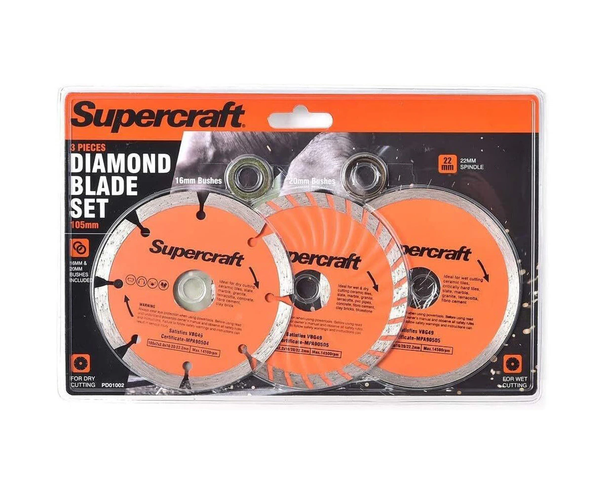 3pc Supercraft Complete Wet/Dry Cut 105mm Segmented/Continuous Diamond Blade Set