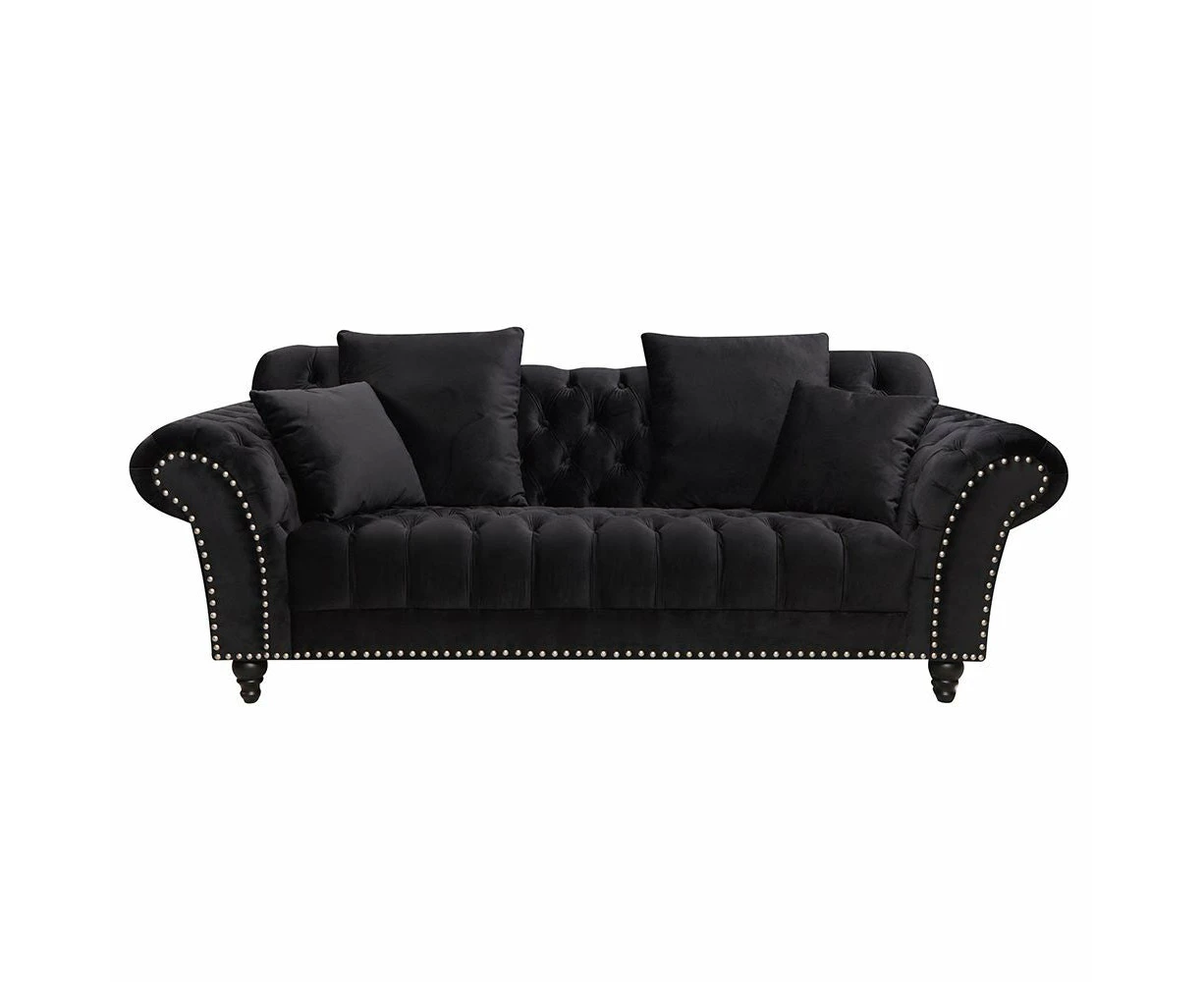 Monarch Chesterfield Sofa Velvet Black 3 Seater