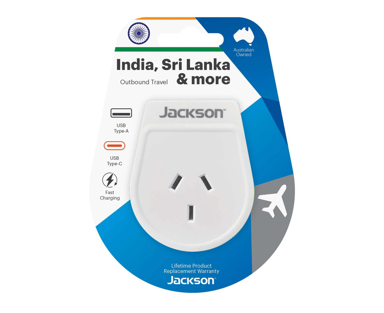 Jackson Outbound Travel Slim Wall Adapter AUS/NZ to India w/ USB-C/A Port WHT