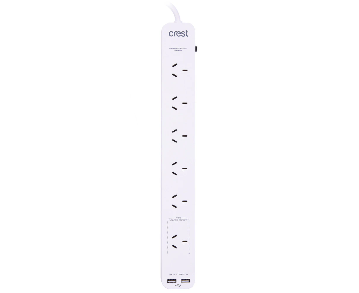 Crest 6-Socket Power Board Strip Charging Outlet Plug w/ 2x USB-A Ports White