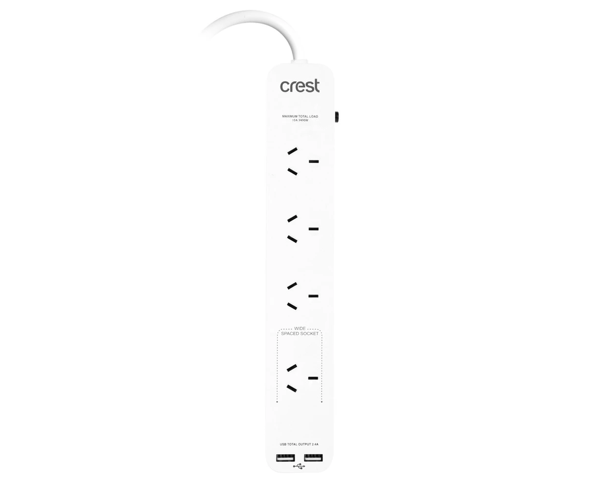 Crest 4-Socket Power Board Strip Charging Outlet Plug w/ 2x USB-A Ports White