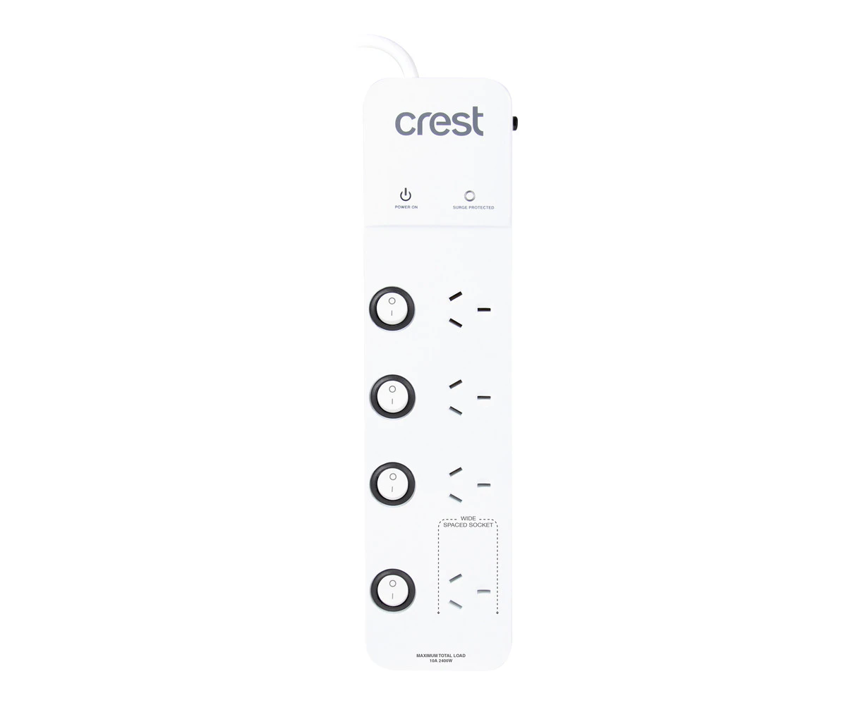 Crest Surge Protected 4-Socket Power Board Strip w/ 4 Individual Switches White