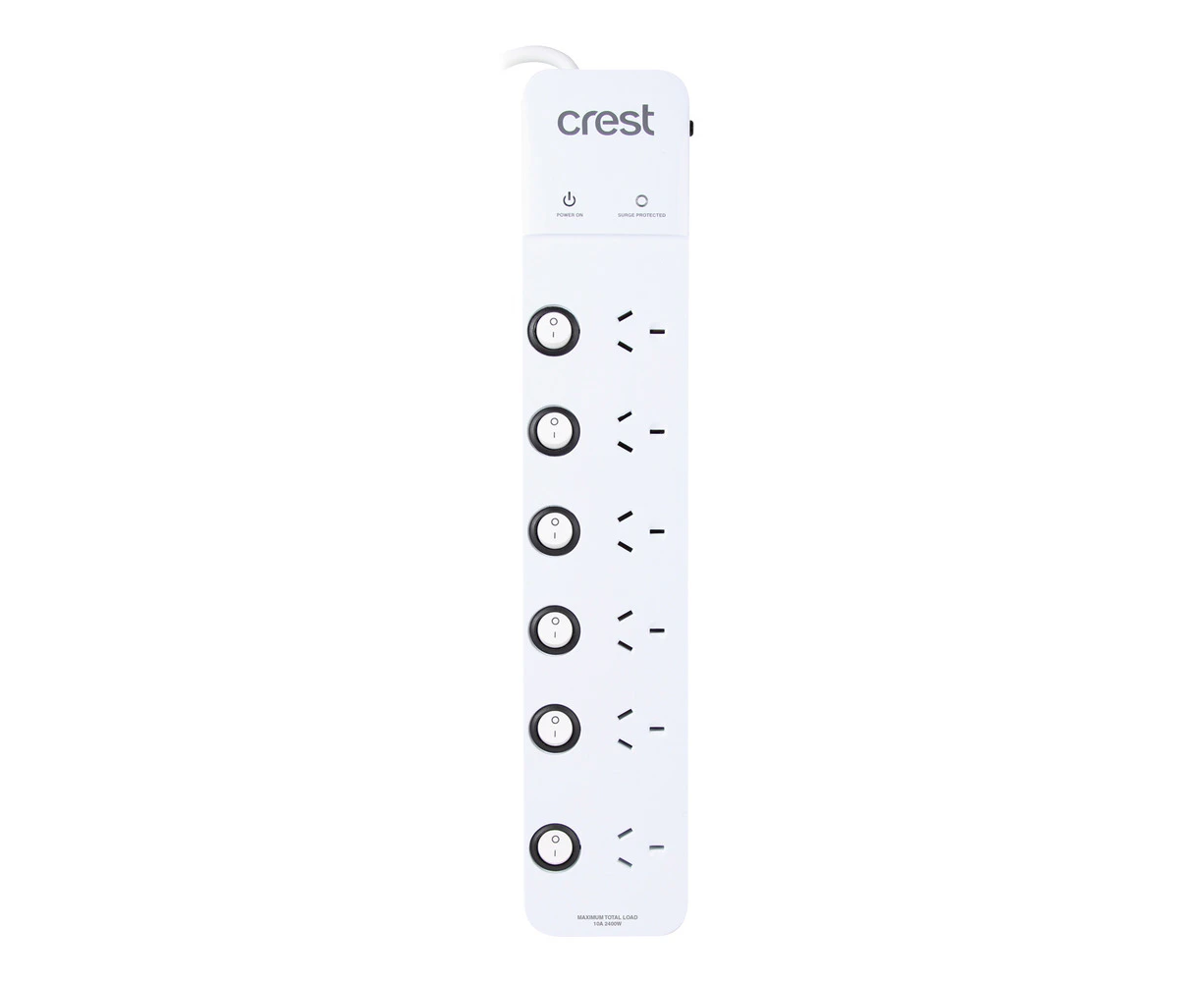 Crest Surge Protected 6-Socket Power Board Strip w/ 6 Individual Switches White